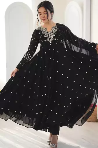 Black embroidered anarkali kurta with pant and dupatta set for festive & party wear