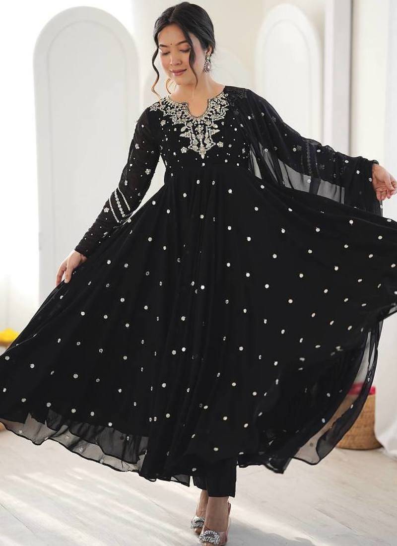 Black embroidered anarkali kurta with pant and dupatta set for festive & party wear