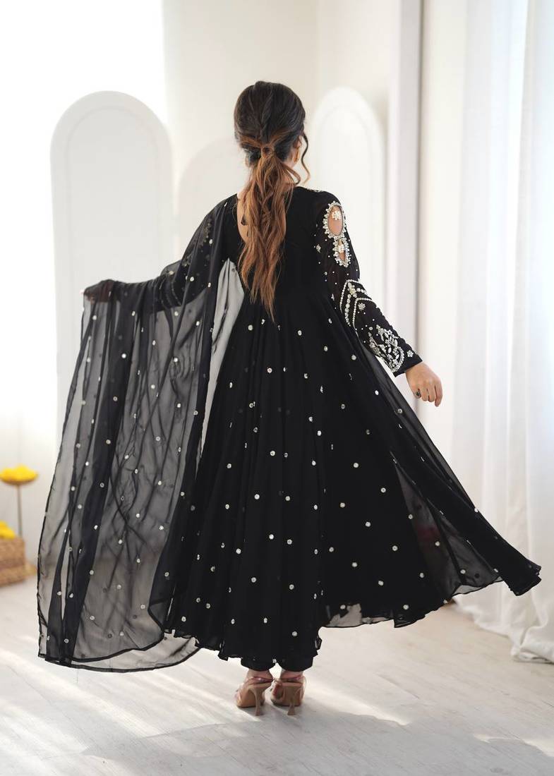 Black embroidered anarkali kurta with pant and dupatta set for festive & party wear