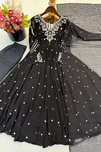 Black embroidered anarkali kurta with pant and dupatta set for festive & party wear