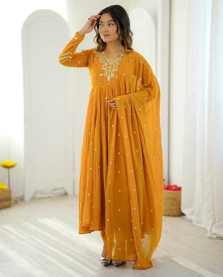 Yellow embroidered anarkali kurta with pant and dupatta set for festive & party wear 1
