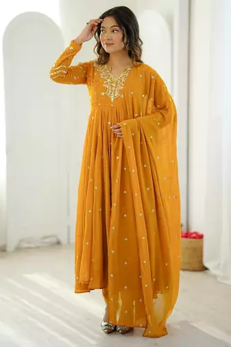 Yellow embroidered anarkali kurta with pant and dupatta set for festive & party wear
