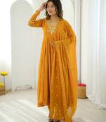 Yellow embroidered anarkali kurta with pant and dupatta set for festive & party wear
