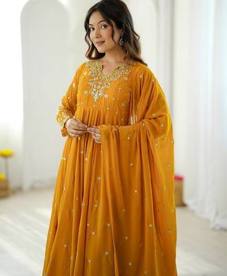 Yellow embroidered anarkali kurta with pant and dupatta set for festive & party wear 2