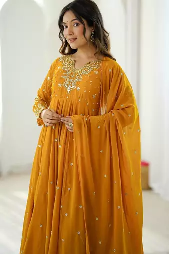 Yellow embroidered anarkali kurta with pant and dupatta set for festive & party wear