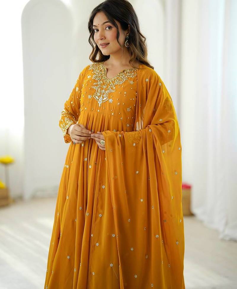 Yellow embroidered anarkali kurta with pant and dupatta set for festive & party wear