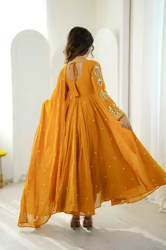 Yellow embroidered anarkali kurta with pant and dupatta set for festive & party wear