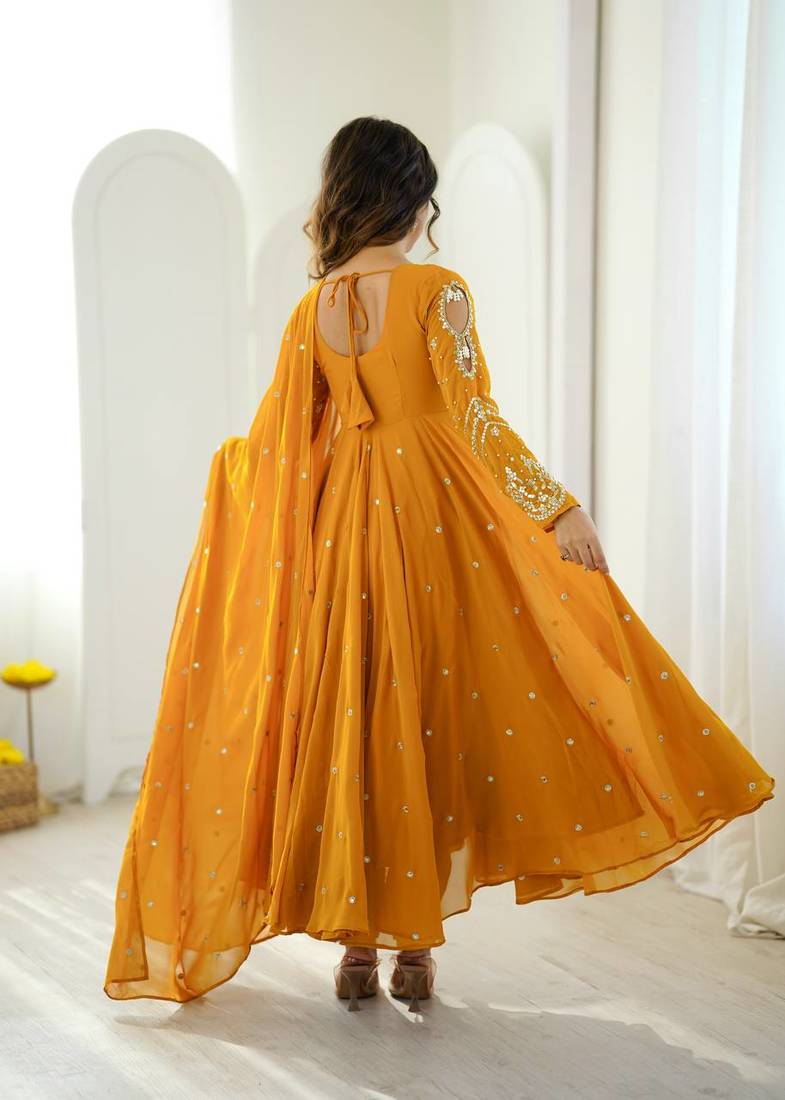 Yellow embroidered anarkali kurta with pant and dupatta set for festive & party wear