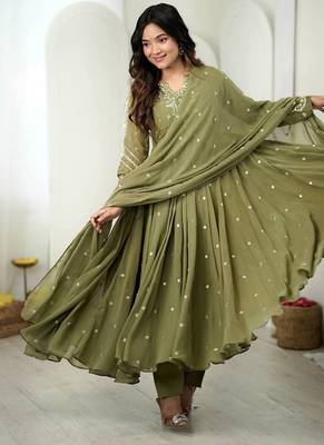 Mehendi embroidered anarkali kurta with pant and dupatta set for festive & party wear 1