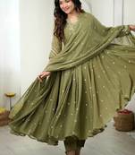 Mehendi embroidered anarkali kurta with pant and dupatta set for festive & party wear