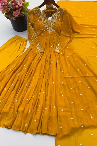 Yellow embroidered anarkali kurta with pant and dupatta set for festive & party wear