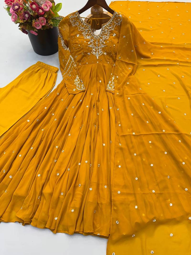 Yellow embroidered anarkali kurta with pant and dupatta set for festive & party wear