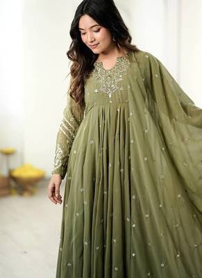 Mehendi embroidered anarkali kurta with pant and dupatta set for festive & party wear 3