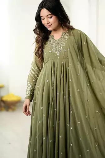 Mehendi embroidered anarkali kurta with pant and dupatta set for festive & party wear