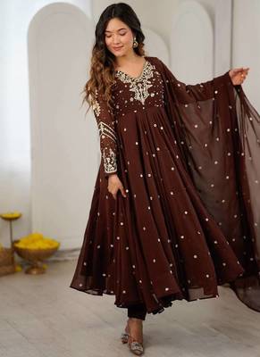 Chocolate embroidered anarkali kurta with pant and dupatta set for festive & party wear 2