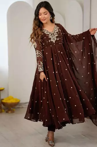 Chocolate embroidered anarkali kurta with pant and dupatta set for festive & party wear