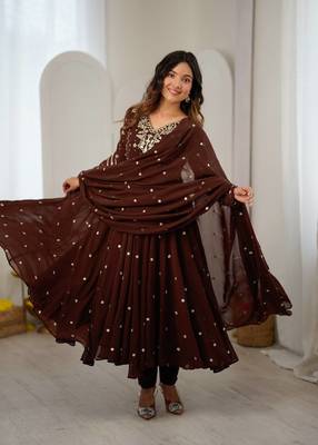 Chocolate embroidered anarkali kurta with pant and dupatta set for festive & party wear 3