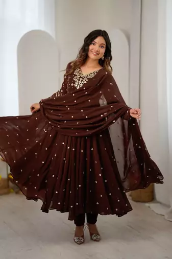 Chocolate embroidered anarkali kurta with pant and dupatta set for festive & party wear