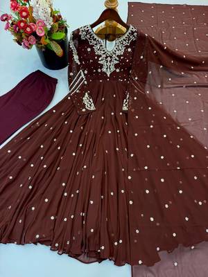 Chocolate embroidered anarkali kurta with pant and dupatta set for festive & party wear 4