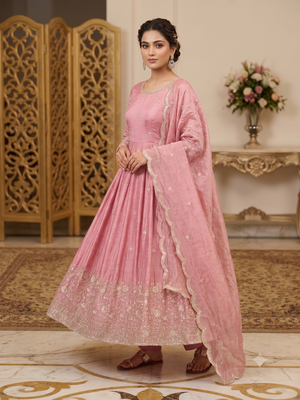 Women's peach pink heavy embroidered silk blend anarkali kurta set with pant and dupatta 1