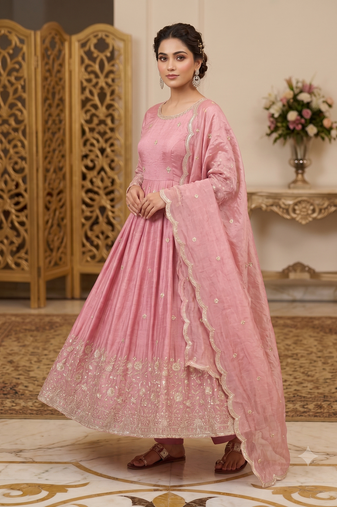 Women's peach pink heavy embroidered silk blend anarkali kurta set with pant and dupatta
