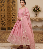 Women's peach pink heavy embroidered silk blend anarkali kurta set with pant and dupatta