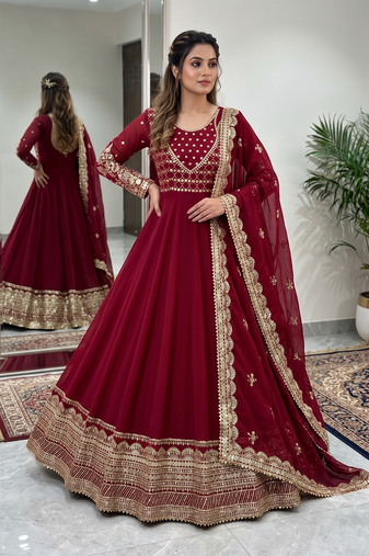 Maroon sequin embroidered festive anarkali suit