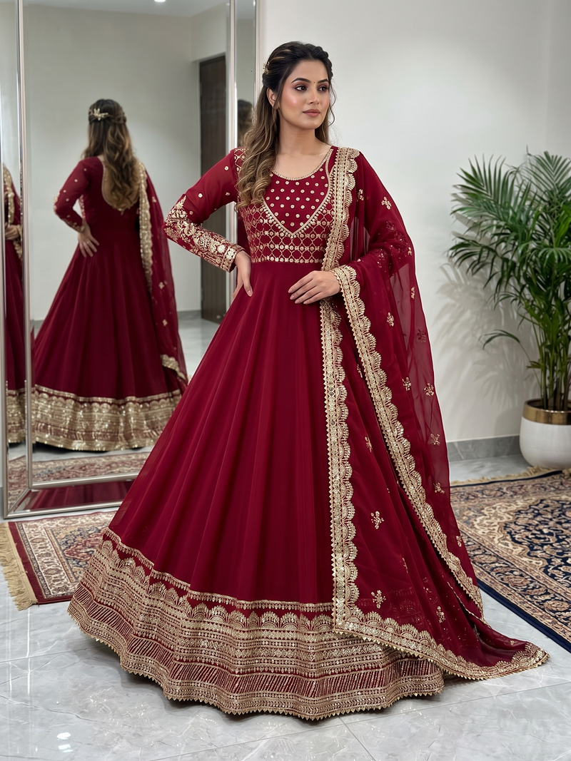 Maroon sequin embroidered festive anarkali suit