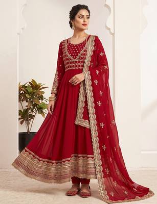 Red sequin embroidered festive anarkali suit 1