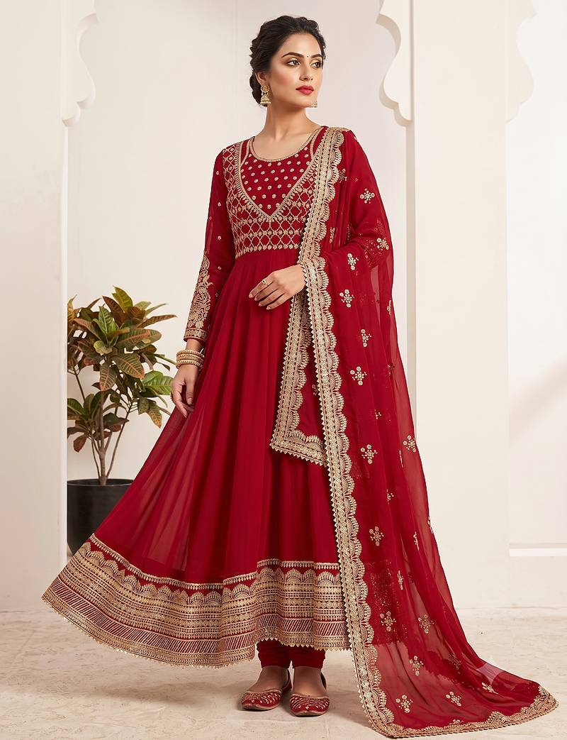 Red sequin embroidered festive anarkali suit