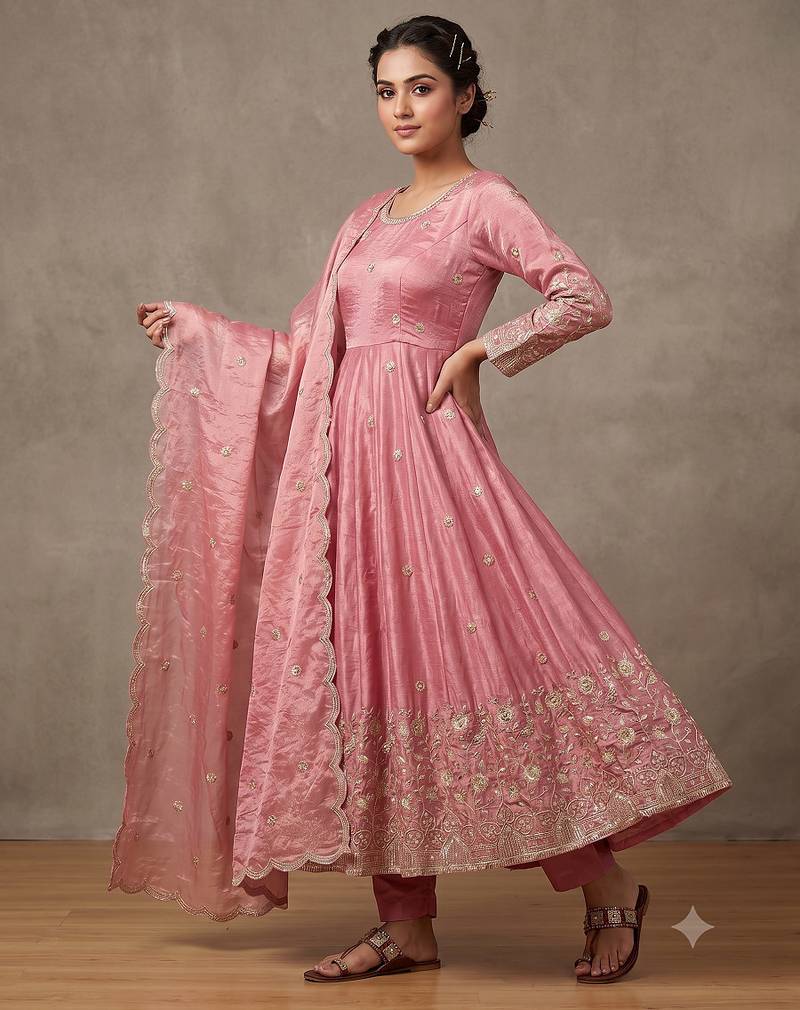 Women's peach pink heavy embroidered silk blend anarkali kurta set with pant and dupatta