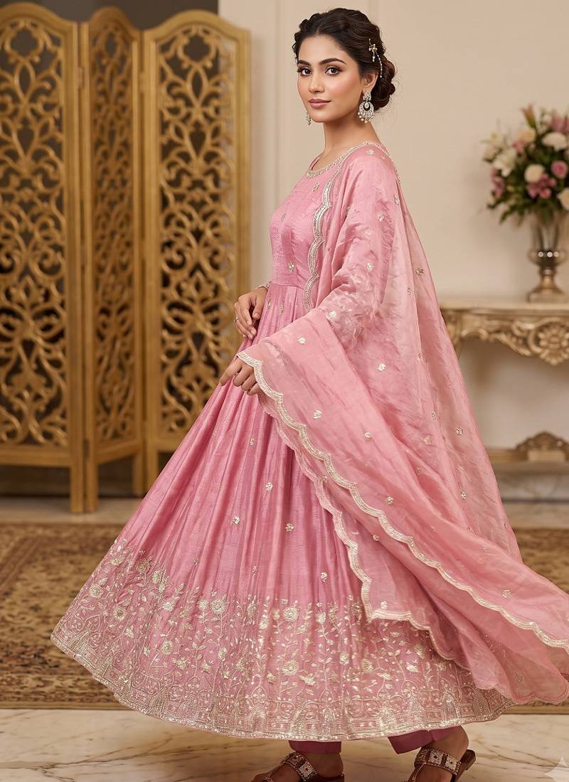 Women's peach pink heavy embroidered silk blend anarkali kurta set with pant and dupatta