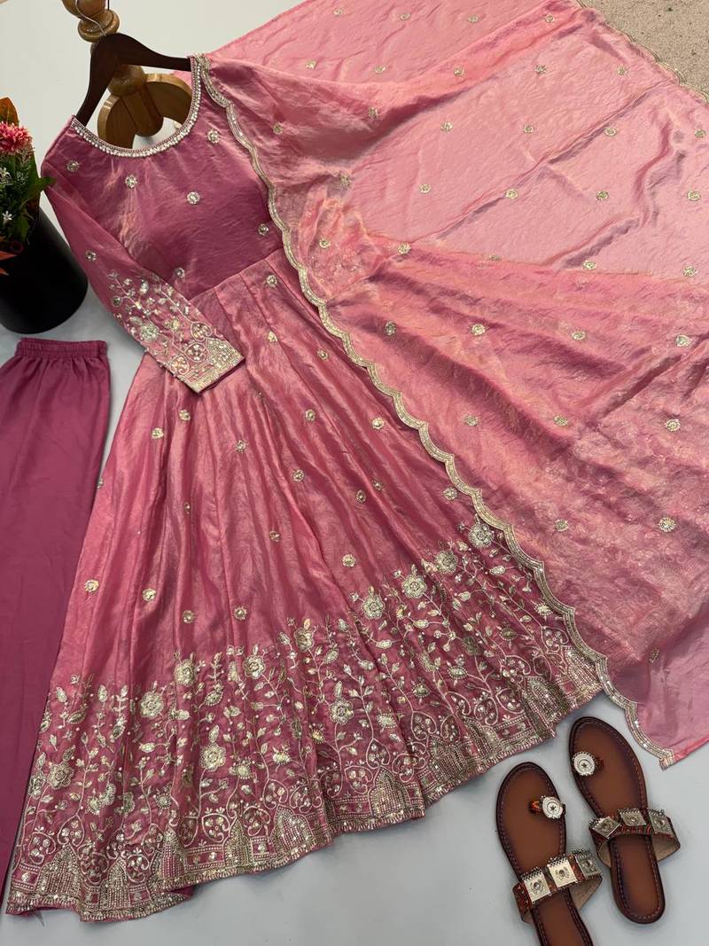 Women's peach pink heavy embroidered silk blend anarkali kurta set with pant and dupatta