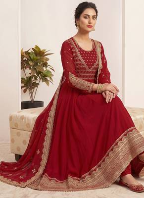 Red sequin embroidered festive anarkali suit 2
