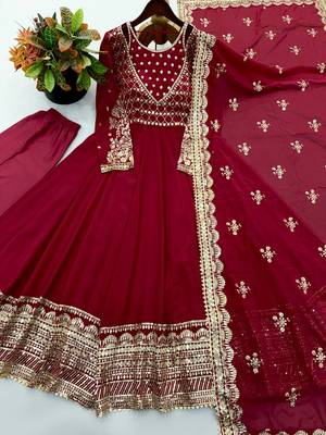 Maroon sequin embroidered festive anarkali suit 4