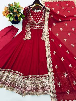 Red sequin embroidered festive anarkali suit 4