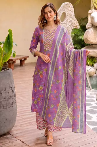 Mirchi Fashion Women's Purple Floral Print Pure Cotton Kurti With Bottom & Dupatta set