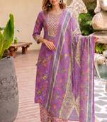Mirchi Fashion Women's Purple Floral Print Pure Cotton Kurti With Bottom & Dupatta set