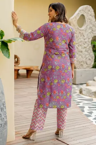 Mirchi Fashion Women's Purple Floral Print Pure Cotton Kurti With Bottom & Dupatta set