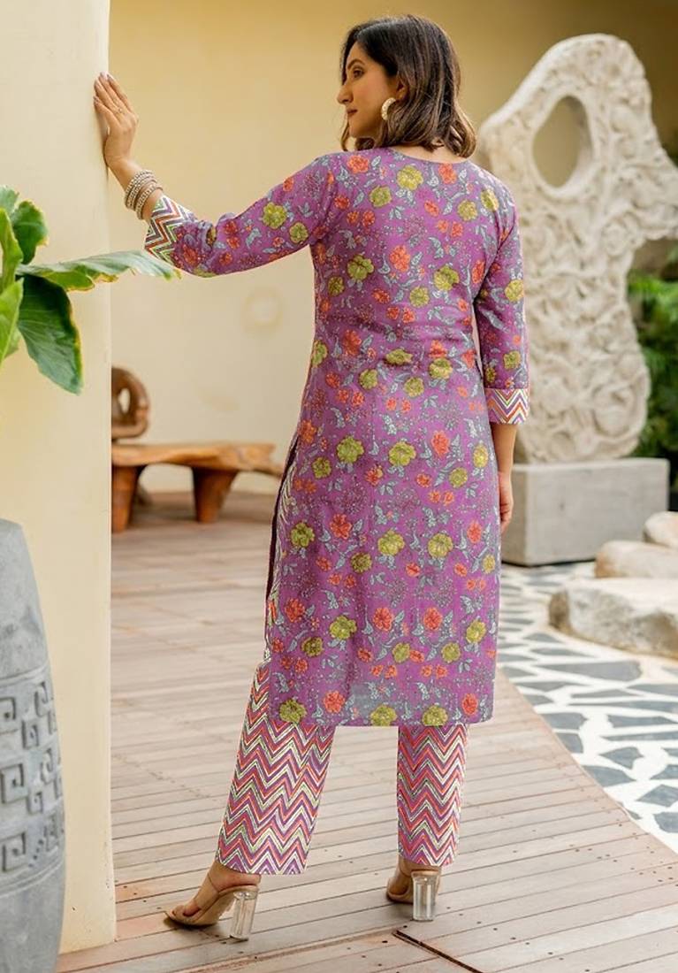 Mirchi Fashion Women's Purple Floral Print Pure Cotton Kurti With Bottom & Dupatta set
