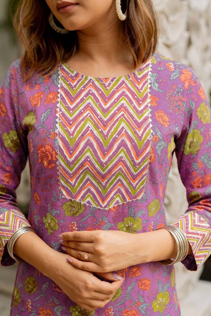 Mirchi Fashion Women's Purple Floral Print Pure Cotton Kurti With Bottom & Dupatta set
