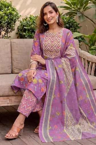 Mirchi Fashion Women's Purple Floral Print Pure Cotton Kurti With Bottom & Dupatta set