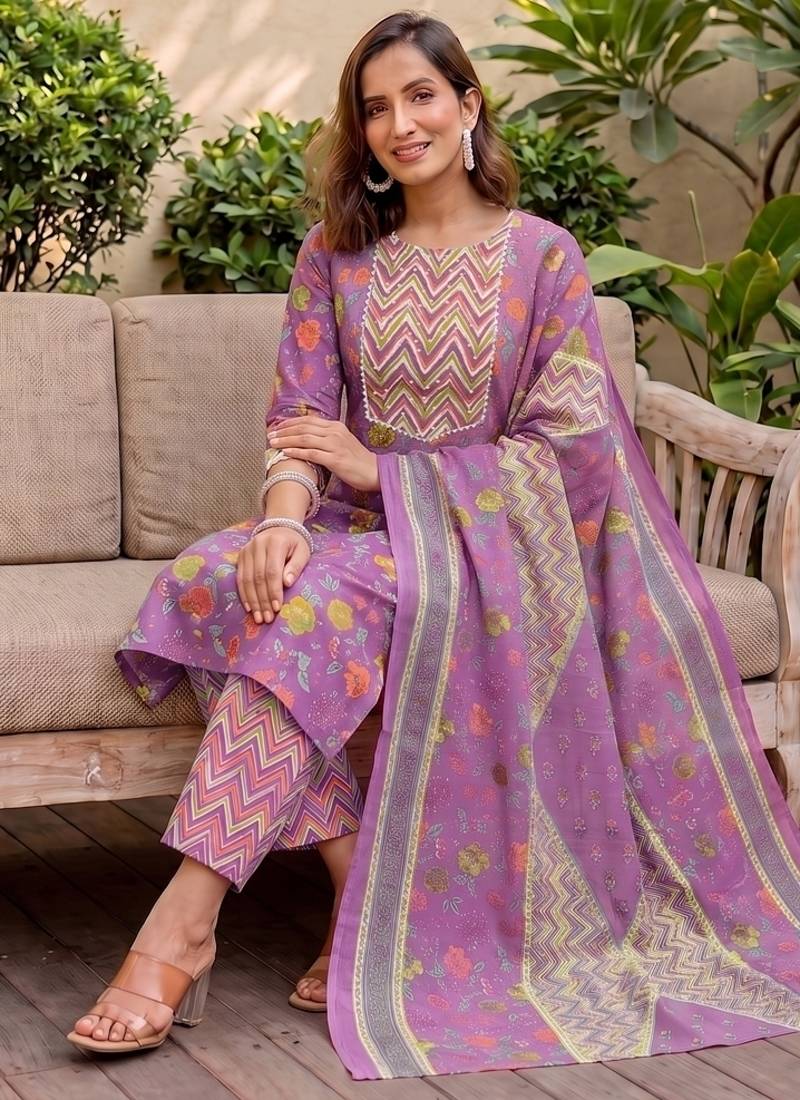 Mirchi Fashion Women's Purple Floral Print Pure Cotton Kurti With Bottom & Dupatta set