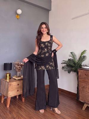 Women's Gorgeous Embroidery Work Faux Georgette Fabric Straight Kurta Palazzo and Dupatta Set 1