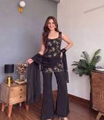 Women's Gorgeous Embroidery Work Faux Georgette Fabric Straight Kurta Palazzo and Dupatta Set