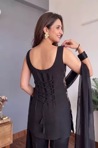 Women's Gorgeous Embroidery Work Faux Georgette Fabric Straight Kurta Palazzo and Dupatta Set