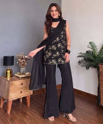 Women's Gorgeous Embroidery Work Faux Georgette Fabric Straight Kurta Palazzo and Dupatta Set 5
