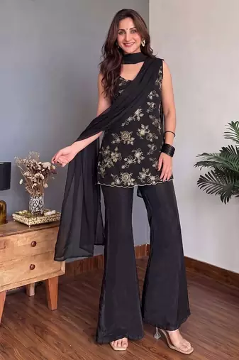 Women's Gorgeous Embroidery Work Faux Georgette Fabric Straight Kurta Palazzo and Dupatta Set