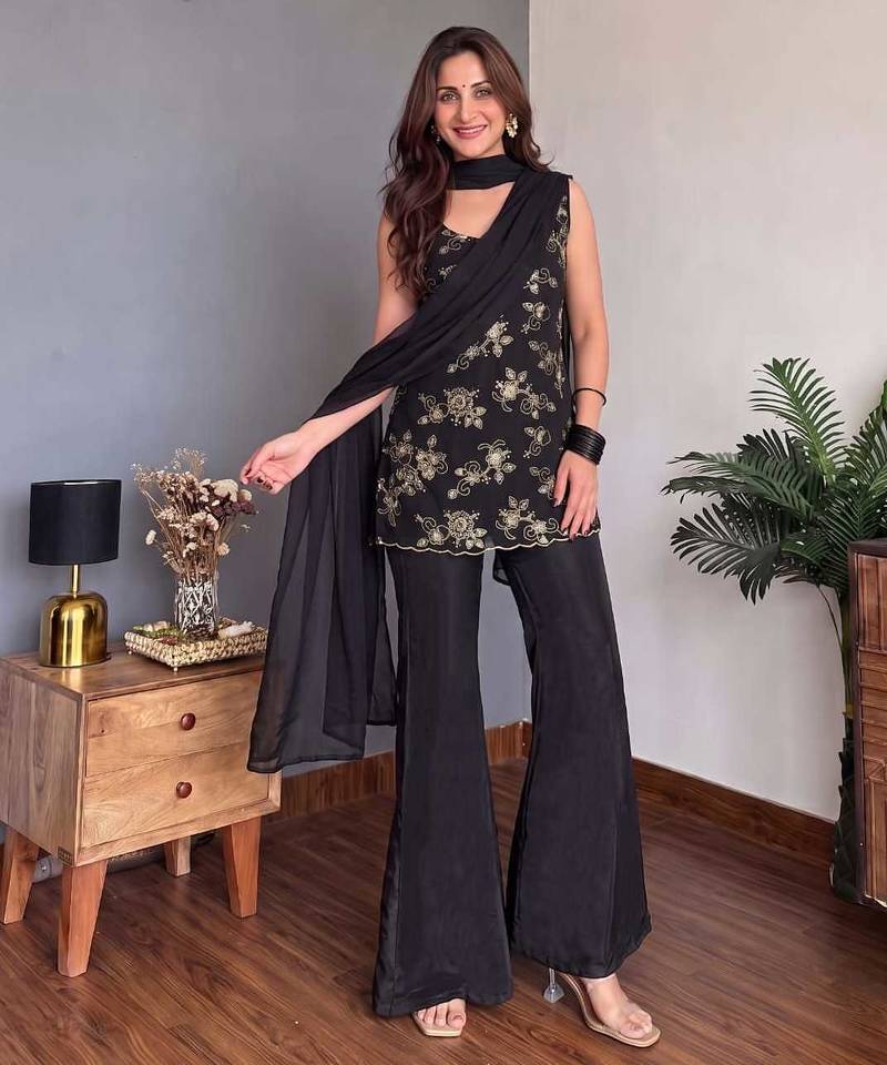Women's Gorgeous Embroidery Work Faux Georgette Fabric Straight Kurta Palazzo and Dupatta Set