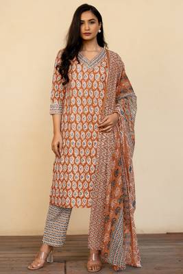 Mirchi Fashion Women's Rust Paisley Batik Print Pure Cotton Kurti With Bottom & Dupatta set 1